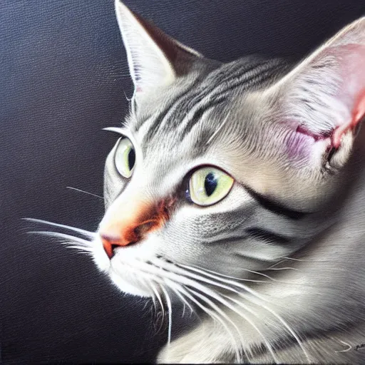 Prompt: a grey manx cat smoking a cigarette, photorealistic oil painting