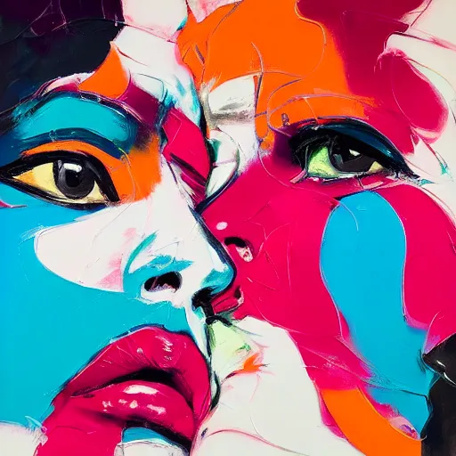 Prompt: a portrait of two beautiful 3 0 year old women kissing by francoise nielly