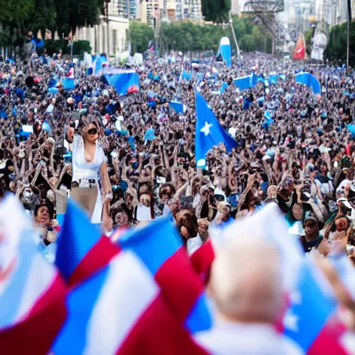 Image similar to Lady Gaga as president, Argentina presidential rally, Argentine flags behind, bokeh, giving a speech, detailed face, Argentina