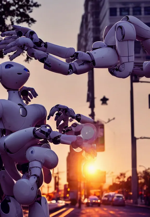 Image similar to a calming photograph of a slender, humanoid robot caresses a beautiful human woman in the face, large shot, wide shot, in a street, sunset photo