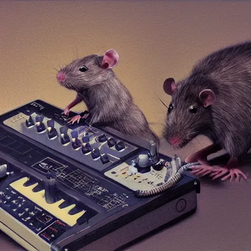 Prompt: a rat cyborg playing with a tb-303 synthesizer, by ruan jia