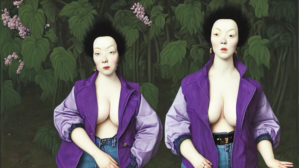 Image similar to portrait of a curvy woman with lilac frizzy hair, wearing an embroidered jeans jackets, a high collar t - shirt and baggy jeans by balenciaga, standing in a botanical garden, bjork aesthetic, masterpiece, cyberpunk, in the style of rogier van der weyden, asian art