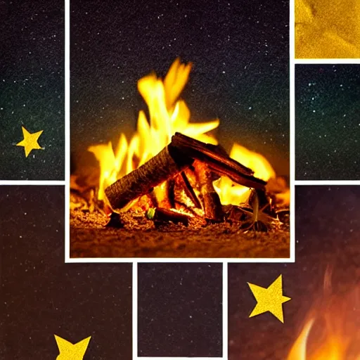 Image similar to a comfy crackling outdoor campfire in front of a very dark background of yellow illustrated stars, astrophotography, warm muted colors, cut paper photo collage with photograph and illustration