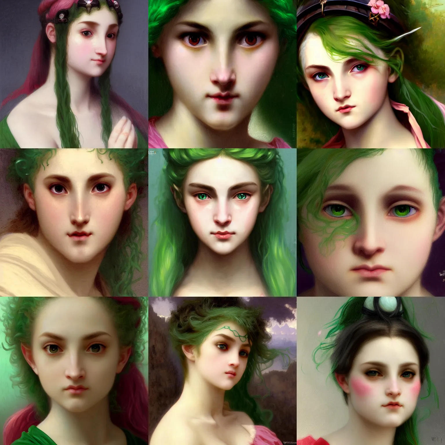 Prompt: A high fantasy girl with green hair and pink eyes, wearing a robe, by William-Adolphe Bouguereau, face close up, official media, beautiful, detailed, high quality, 4K, epic, trending on artstation and behance