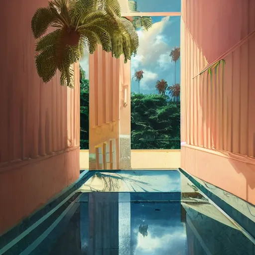 Prompt: indoor liminal space, golden light, greg rutkowski, marble, palm trees, pink door, minimalistic, hyperrealistic surrealism, award winning masterpiece with incredible details, epic stunning, infinity pool mirrors, a surreal vaporwave liminal space with mirrors, highly detailed, trending on artstation, artgerm and greg rutkowski and alphonse mucha, daily deviation