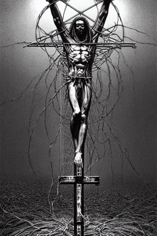 Image similar to full body shot of a cybernetic jesus on the cross, wires everywhere, cyberpunk art by beksinski and szukalski and giger and wlop and josan gonzalez, digital art, highly detailed, intricate, sharp focus, trending on artstation hq, deviantart, pinterest, unreal engine 5, 4 k uhd image