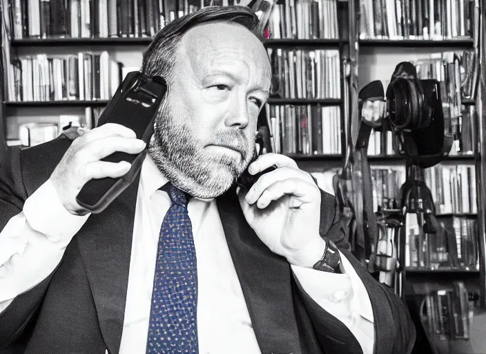 Prompt: dslr photo still of infowars host alex jones in a blue suit fat grey beard and mustache!!! sitting depressed!!! in a room filled to the ceiling with cell phones stacks of cell phones cell phones stacks cell phones filling the entire room, 5 2 mm f 5. 6