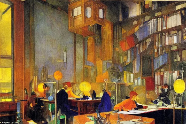 Image similar to a busy office, glowing with silver light, color by Franz Marc, highly detailed architecture by Jean-Léon Gérôme, by Winsor McCay, today's featured photograph, 16K