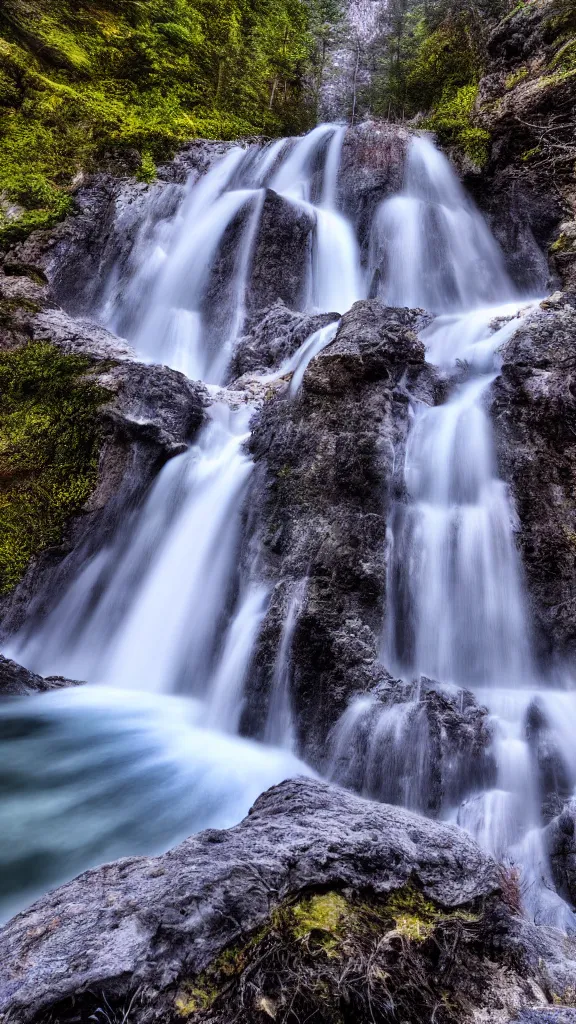 Image similar to highly detailed hd photo art of colorful waterfall from ice mountains in the style of Greg Rutswoski, wide angle shot, concept art, 8K detail post-processing