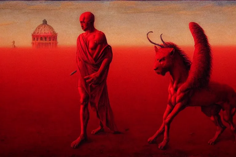 Image similar to only with red, caesar after war, a red tiger, in hoc signo vinces, rome in background, an ancient path, in the style of beksinski, part by hopper, part by rodcenko, part by hofbauer, intricate composition, red by caravaggio, insanely quality, highly detailed, masterpiece, red light, artstation