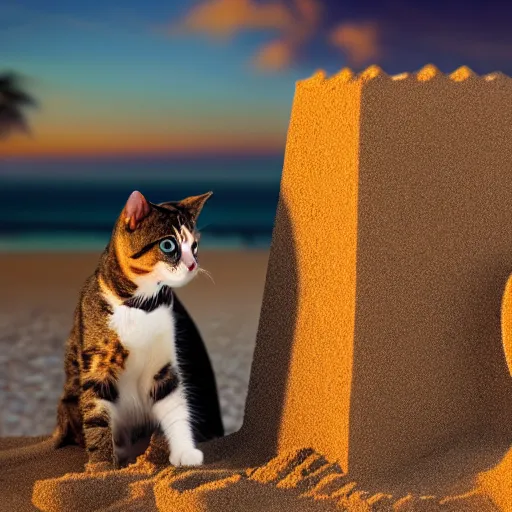 Prompt: photo of a cat building a sandcastle on a beach, photorealistic, 8 k photo, golden hour, award winning editorialized