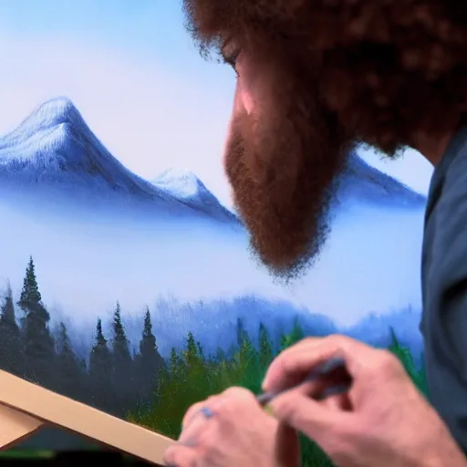 Prompt: a closeup photorealistic photograph of bob ross working on a canvas painting of mickey mouse. film still. brightly lit scene. mountains and trees. this 4 k hd image is trending on artstation, featured on behance, well - rendered, extra crisp, features intricate detail, epic composition and the style of unreal engine.