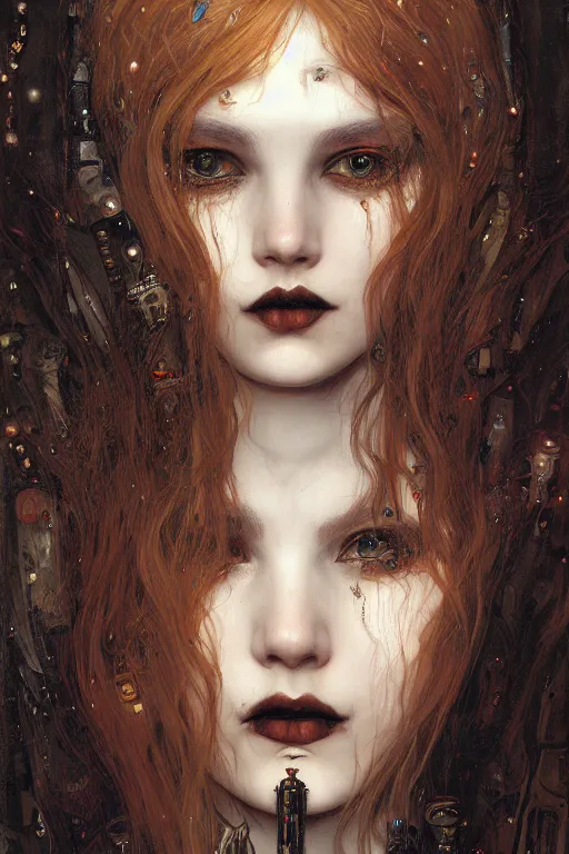 Image similar to portrait of beautiful young gothic maiden, cute face, cyberpunk, Warhammer, highly detailed, artstation, illustration, art by Gustav Klimt