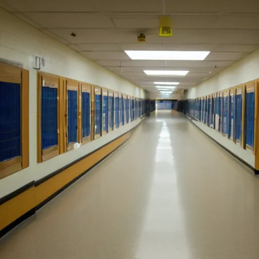 Image similar to the interior of an empty school hallway, small, cramped, dim fluorescent lighting