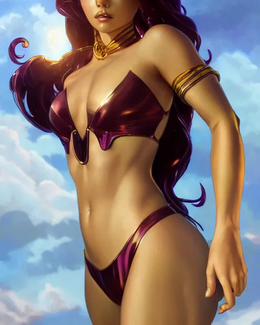 Image similar to ultra realistic illustration, danielle campbell as starfire anime, intricate, elegant, highly detailed, shiny plastic bikini, digital painting, artstation, concept art, smooth, sharp focus, illustration, art by artgerm and greg rutkowski and alphonse mucha and wlop