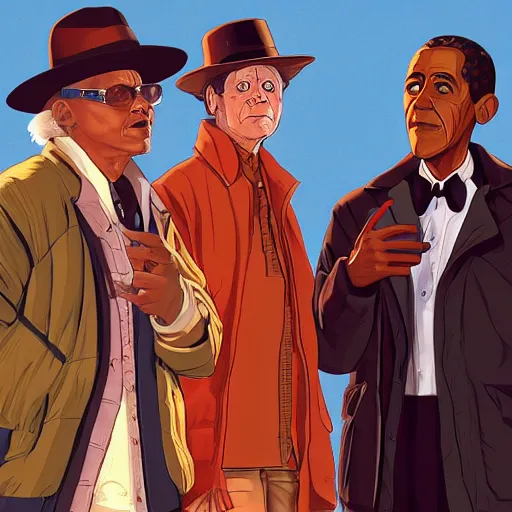 Prompt: a movie still of back to the future, starred by bararck obama and bill cosby, by michael whelan and tomer hanuka, close up portrait full of details, by makoto shinkai and thomas kinkade, matte painting, trending on artstation and unreal engine