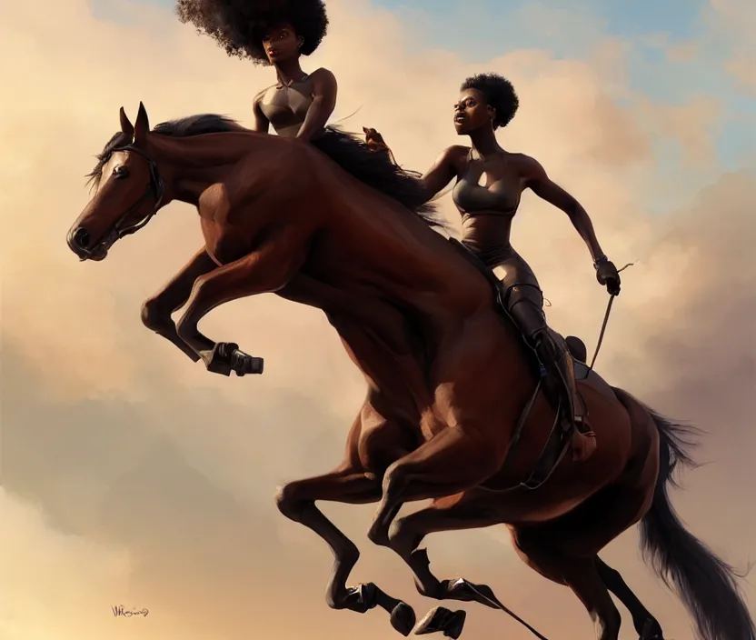 Image similar to full body portrait of beautiful black woman riding a thoroughbred, cinematic, highly detailed, digital painting, artstation, concept art, smooth, sharp focus, illustration, face by wlop, illustrated by mars ravelo and greg rutkowski