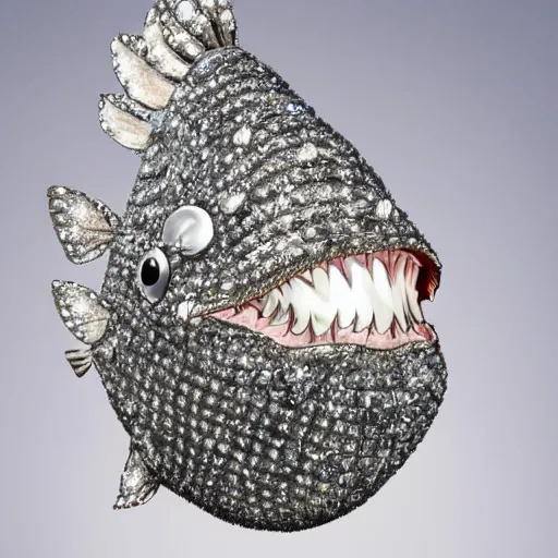 Image similar to A diamond encrusted angler fish with jeweled teeth