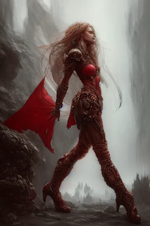 Prompt: red women's boots, by wlop, by luis royo, by peter mohrbacher, concept art, digital illustration, intricate, masterpiece, elegant, super detailed, unreal engine rendering, smooth, sharp focus, artstation hq