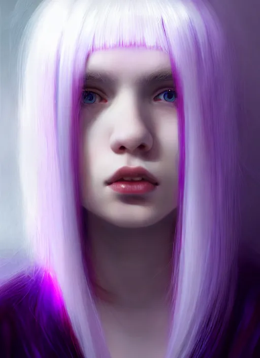 Image similar to hair whitebangs hair, black hair, whitebangs, portrait of teenage girl with white bangs, red irises, purple clothes, white bangs, bangs are different color from hair, intricate, elegant, glowing lights, highly detailed, digital painting, artstation, concept art, smooth, sharp focus, illustration, art by wlop, mars ravelo and greg rutkowski