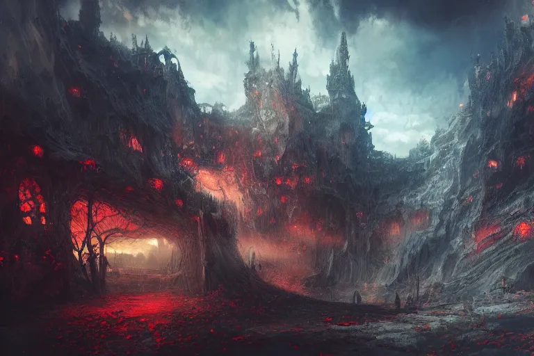 Prompt: a landscape of hell, goth, intricate, highly detailed, digital painting, official media, anime key visual, concept art, rich vivid colors, ambient lighting, sharp focus, illustration, art by wlop