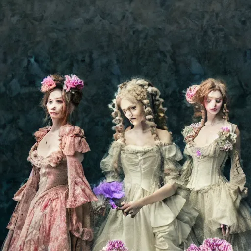 Prompt: 8k, octane render, realism, tonalism, rococo, renaissance, baroque, group of creepy young ladies wearing long harajuku manga dress with flowers and skulls, background chaotic flowers