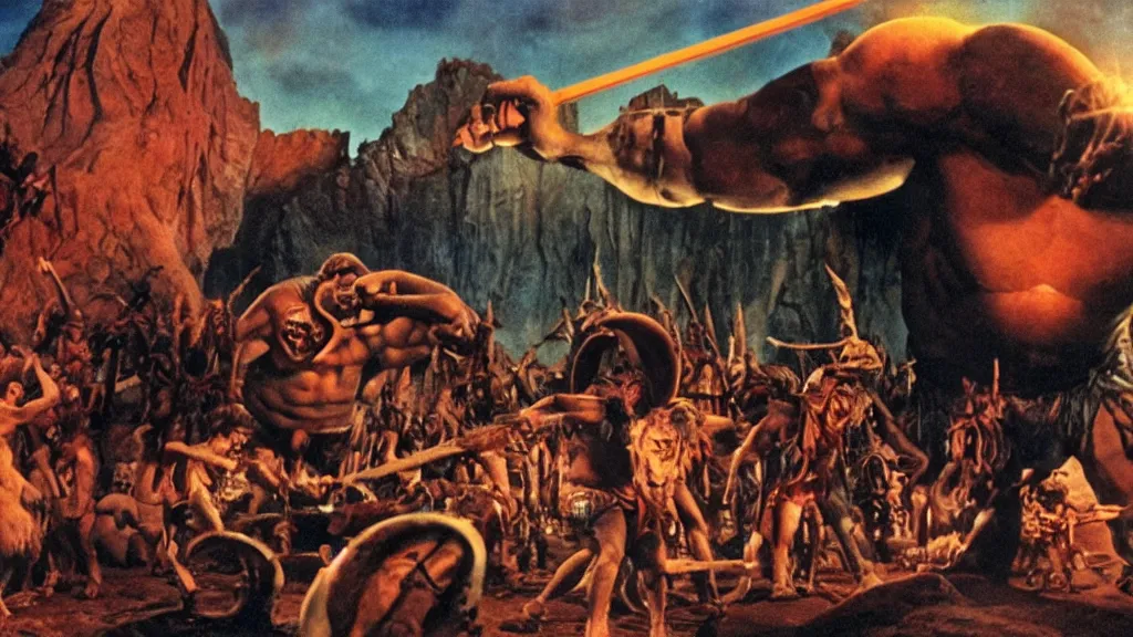 Image similar to still from a stop motion animated movie about a giant cyclops, by ray harryhausen, nineteen seventy five, cinematic lighting, ultra realistic, panavision, wide screen, saturated color, seventies cinema, vintage, sword and sorcery