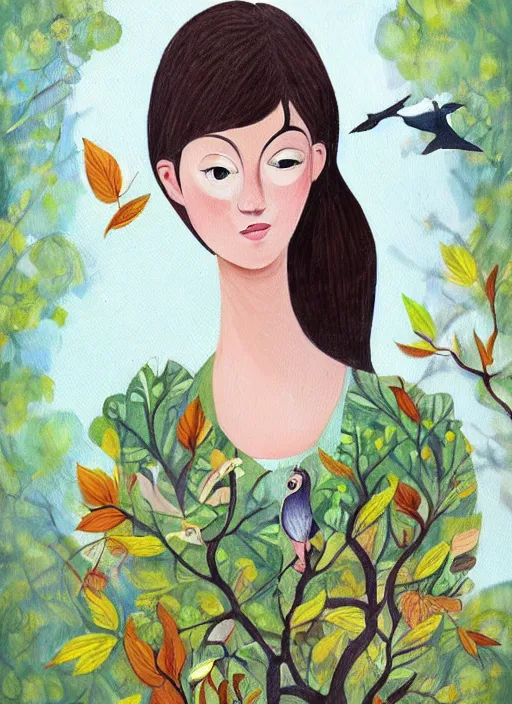 Image similar to a wonderful childrens illustration book portrait painting of a woman, art by tracie grimwood, trees, many leaves, birds, whimsical, aesthetically pleasing and harmonious natural colors