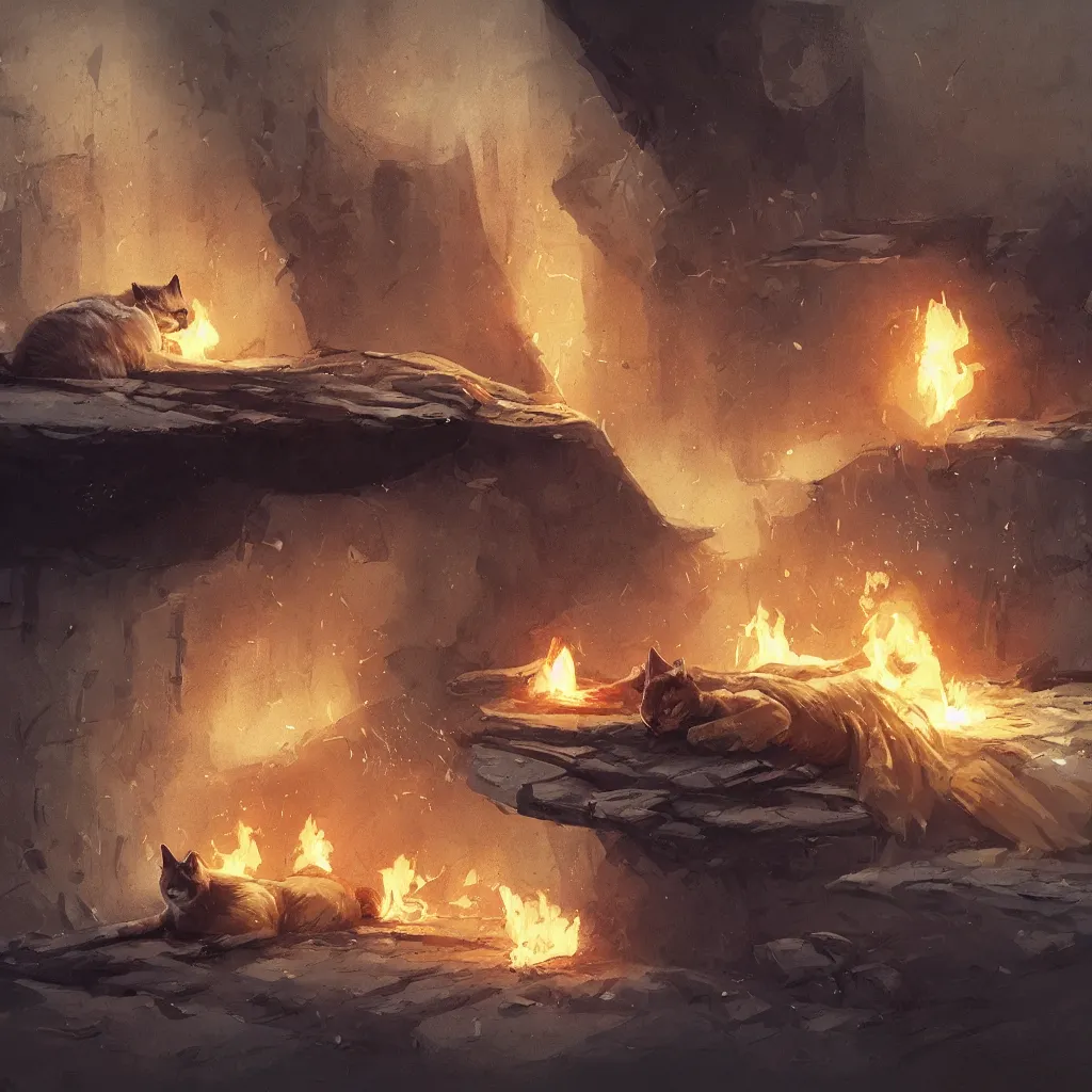 Prompt: cat laying on bed in under ground base, concept art, by greg rutkowski, fire