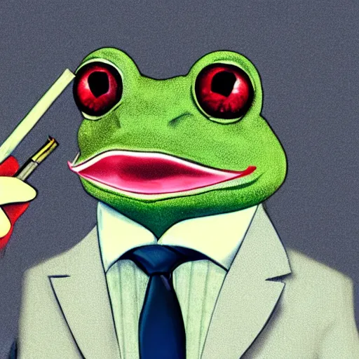 Image similar to a high detail closeup shot of a frog wearing a suit 👔,and smoking a cigarrette🚬