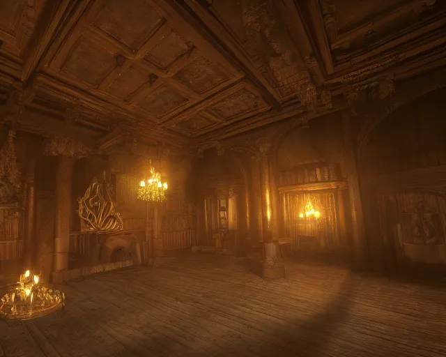 Image similar to the interior of a castle, rendered with ray tracing, volumetric lighting, smooth lighting, high detail shadows, moody lighting, candle lighting, high definition, large resolution