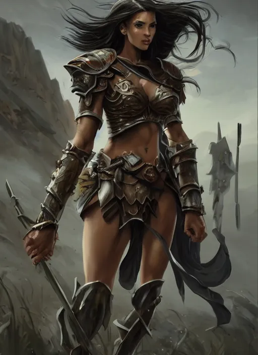 Image similar to a professionally painting of an attractive young girl, partially clothed in battle armor, olive skin, long dark hair, beautiful bone structure, perfectly proportioned, nubile body, symmetrical facial features, intricate, elegant, heroic pose, digital painting, concept art, smooth, sharp focus, finely detailed, from Warhammer, in the style of Artgerm and Greg Rutkowski and William-Adolphe Bouguerea