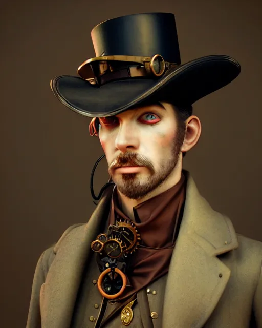 Image similar to steampunk male portrait, handsome, steampunk hat, detective coat, steampunk monocle, complex 3 d render by ilya kuvshinov, peter mohrbacher, greg rutkowski, ryohei hase, dramatic lighting, intricate, highly detailed, sharp focus, luminous, unreal engine, blender, artstation, masterpiece, ray tracing