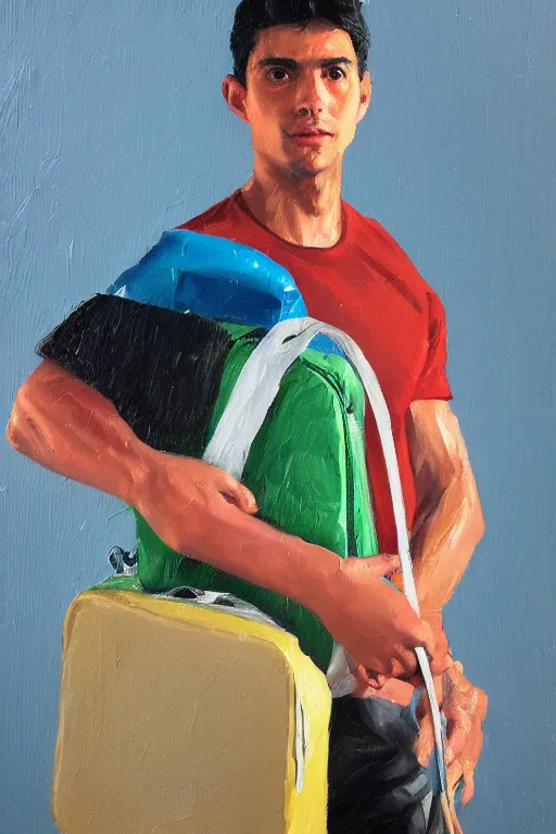 Prompt: palette knife oil painting portrait of juan delamar, a lean, dark haired young man of below average height, carrying a duffel bag with swin gear. blank, quiet, numb, extreme detail, artstation trending, artgerm, any racial background, deviant art, octane, substance, art history 8 k