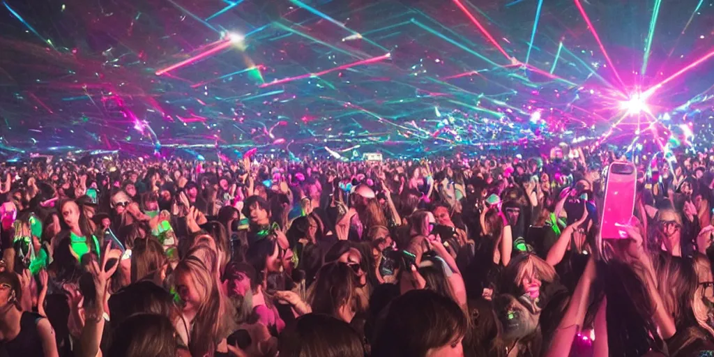 Image similar to a girl on her phone in the middle of the crowd at a huge concert with lazers and visuals