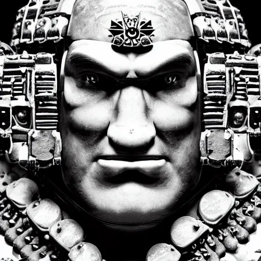 Image similar to symmetrical, close up portrait of warhammer 4 0 k space marine ghandi, covered in sesame street tattoos, studio lighting, depth of field, photography, black and white, highly detailed