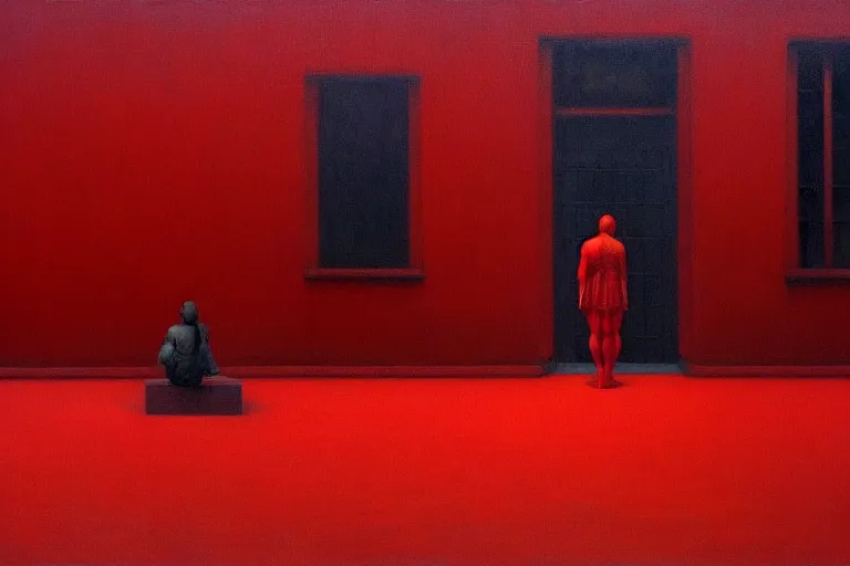 Image similar to only with red, crowd delirious at the sight of a painting, in a city square, in the style of beksinski, parts by edward hopper, parts by rodcenko, parts by yue minjun, intricate and epic composition, red by caravaggio, insanely quality, highly detailed, masterpiece, red light, artstation, 4 k