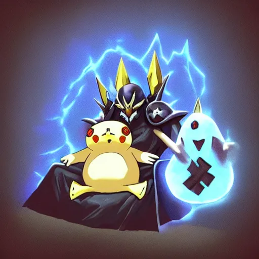 Image similar to Mordekaiser form league of legends sitting on a throne with a pikachu