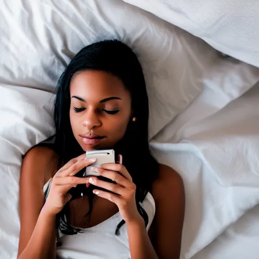 Prompt: young woman with cinnamon colored skin and dark blue hair on her phone under the white sheets on her white bed, masterpiece , Corporate Memphis , award winning. Post-processing