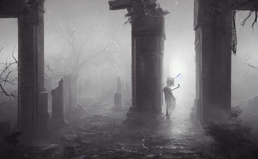 Prompt: a ghost walking though an old cemetary. haunted. night, rain, mist. hyper detailed. trending on artstation