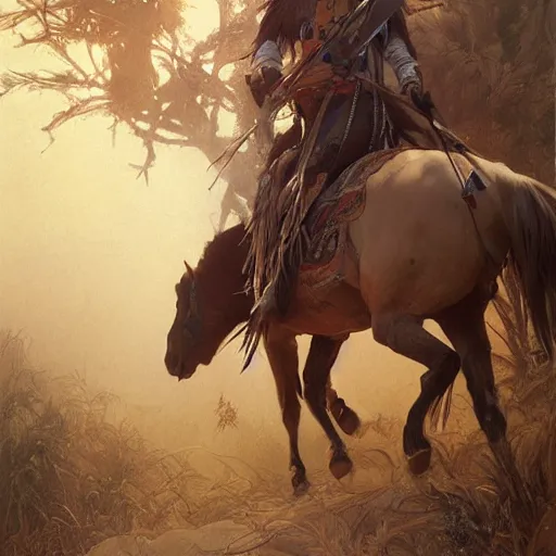 Image similar to native American on a horse during hunt, highly detailed, digital painting, cgsociety , concept art, sharp focus, illustration, art by artgerm and greg rutkowski and alphonse mucha