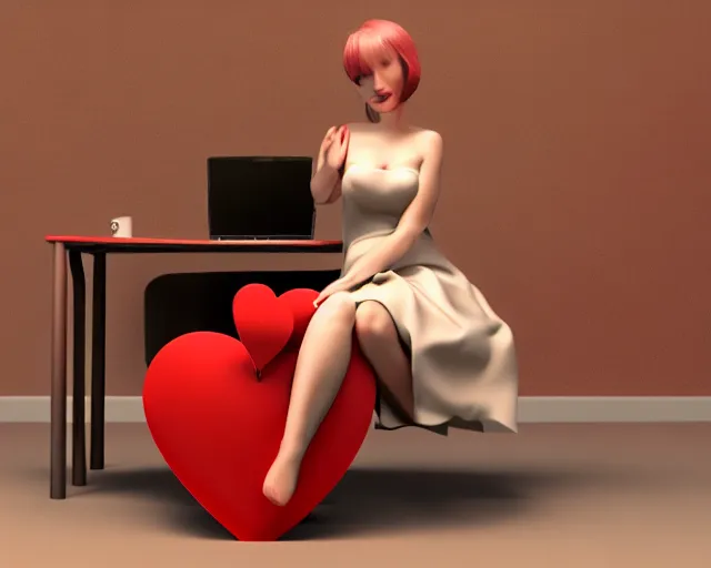 Image similar to a woman sitting on a desk with a heart shaped object in her lap, computer graphics by Minerva J. Chapman, polycount, net art, daz3d, 3d, rendered in maya