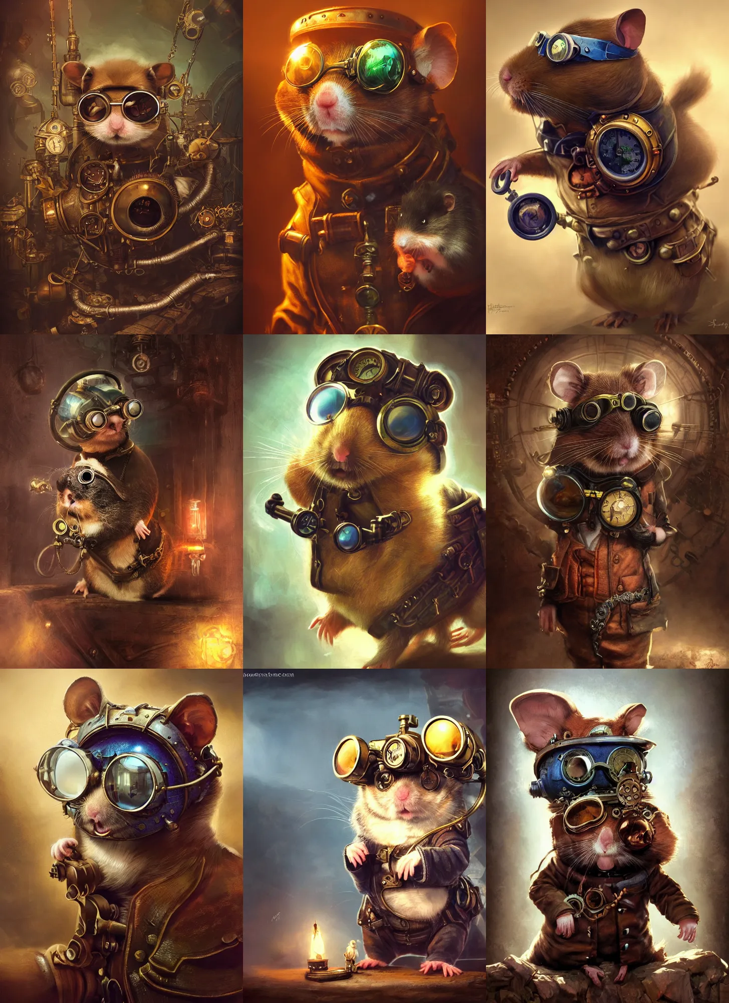 Prompt: hamster with steampunk goggles, vivid colors, dark shadows, contrast, concept art, sharp focus, digital art, Hyper-realistic, 4K, Unreal Engine, Highly Detailed, Dramatic Lighting, Beautiful, by Brom, bastien lecouffe-deharme