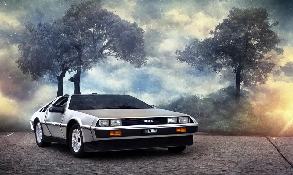 Prompt: a delorean travelling through time, digital art