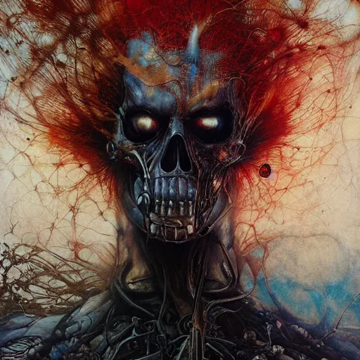 Image similar to realistic detailed UHD photorealistic Ghostrider, by Ayami Kojima, Amano, Karol Bak, Mark Brooks, tonalism, rich deep colors. Beksinski painting, art by Adrian Ghenie and Gerhard Richter. art by Takato Yamamoto. masterpiece