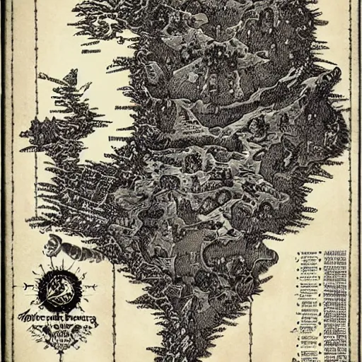 Image similar to old vintage dark fantasy map, horror, nightmare, extremely detailed, elden ring