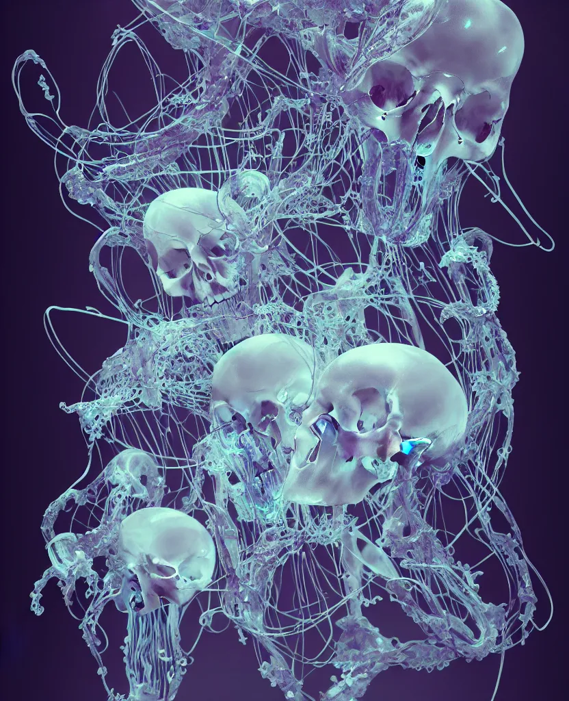 Image similar to composition of human skulls, animals skulls, bones, rib-cage. jellyfish orchids and betta fish, bioluminiscent, intricate artwork by Tooth Wu and wlop and beeple. octane render, trending on artstation, greg rutkowski very coherent symmetrical artwork. cinematic, hyper realism, high detail, octane render, 8k