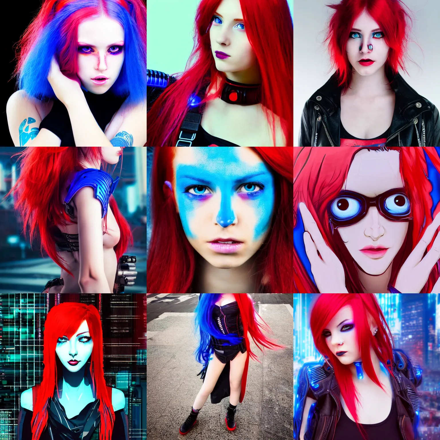 Prompt: a cyberpunk girl with vibrant red hair and blue glithy eyes