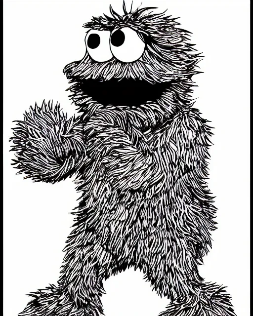 Image similar to an illustration of Cookie Monster, full body, pen-and-ink illustration, etching, by Russ Nicholson, DAvid A Trampier, larry elmore, 1981, HQ scan, intricate details