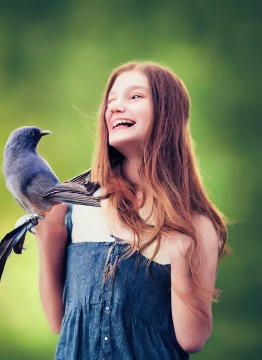 Prompt: a beautiful detailed portrait photo of a girl excited while holding hands with a bird with a, realistic, f 8, 4 k hd wallpaper